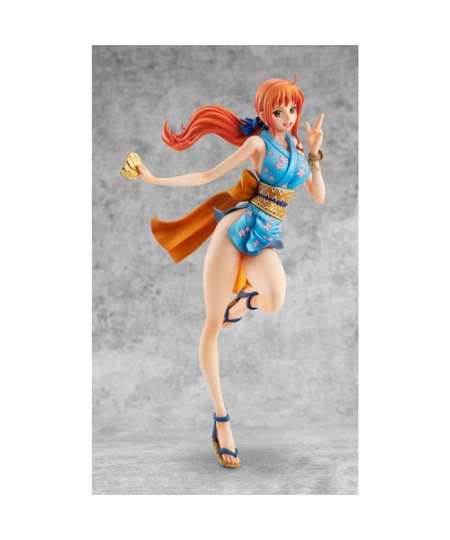 This Portrait of Pirates figure features Nami (O-Nami) wearing a revealing blue and orange kunoichi outfit from the Wano Country Arc in the anime series One Piece. 